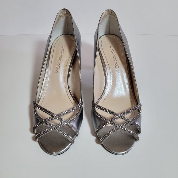 CAPARROS DRESS ELIZA PEWTER SILVER PEEP-TOE RHINESTONE HEELS SHOES PUMPS 9 - Picture 3 of 7